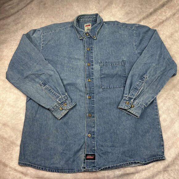 Dickies Shirt Mens Large Blue Denim Long Sleeve Casual Work Collared Genuine VTG - Picture 1 of 10